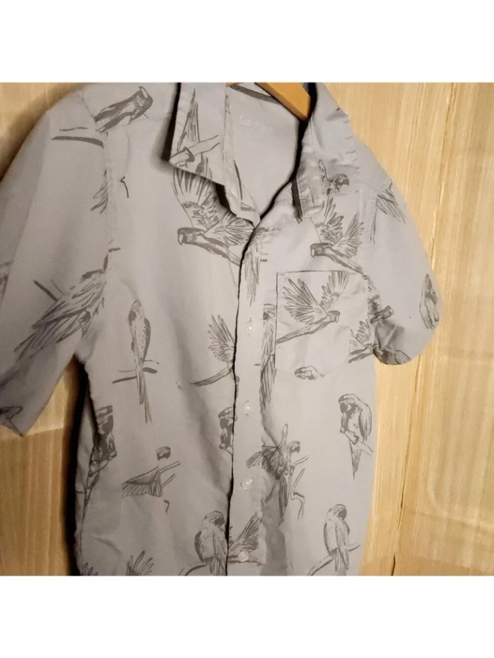 Cat & Jack Boys Grey Bird Print Short Sleeve Button Down Shirt 6-7